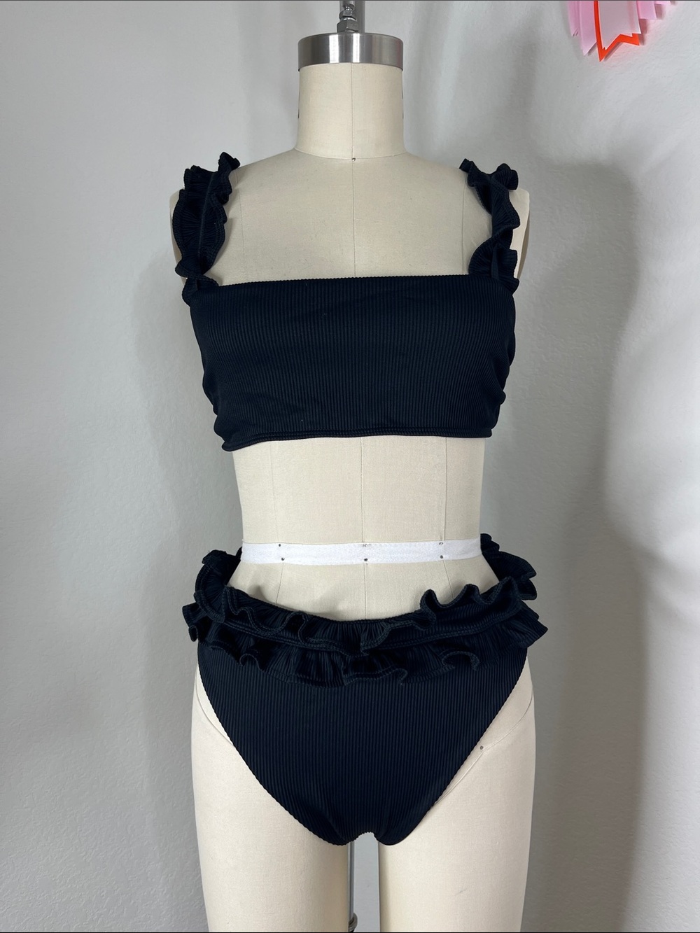Beach Riot Ribbed Ruffle Madeline Square Neck Top Hi Cut Bottoms M/L Bikini Set